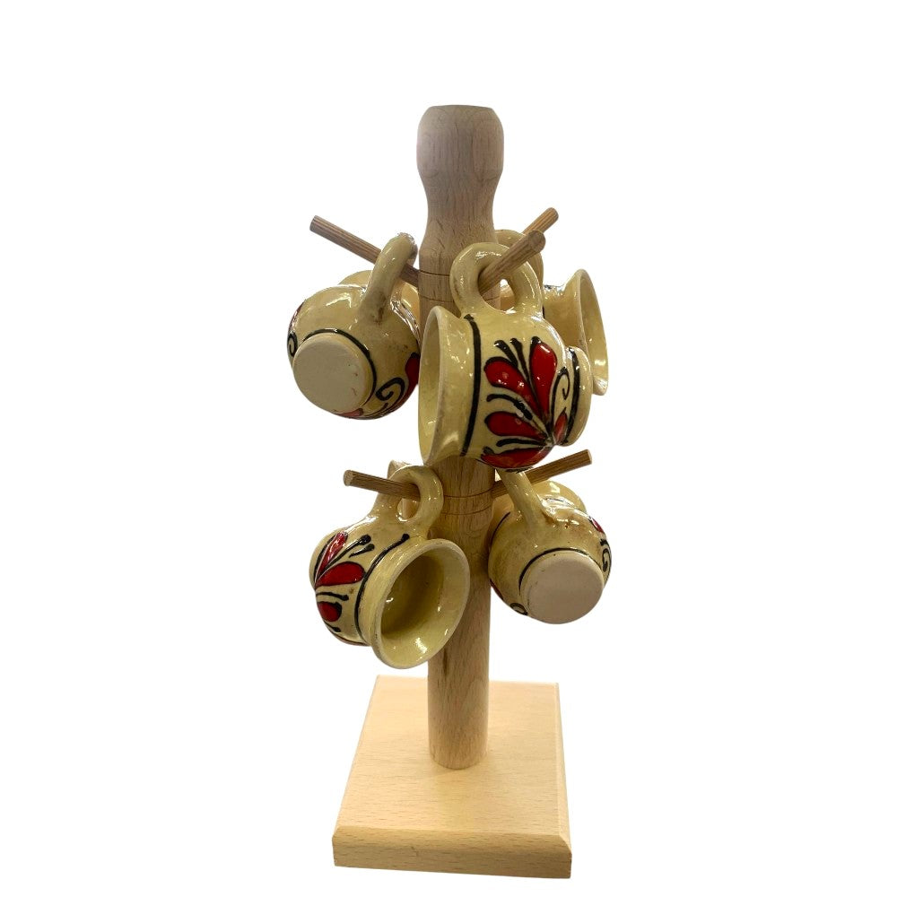 Set 6 Cesti traditionale pictate din ceramica, 50 ml pe suport patrat din lemn