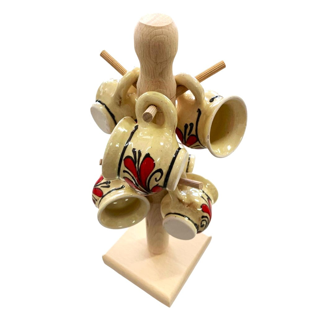 Set 6 Cesti traditionale pictate din ceramica, 50 ml pe suport patrat din lemn