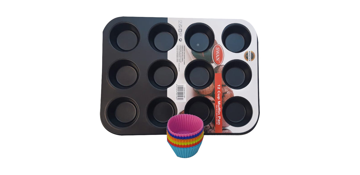 Set tava Neagra briose din Otel Carbon, 35x26.5x2.6 cm + 12 forme de Silicon Multicolore pentru briose