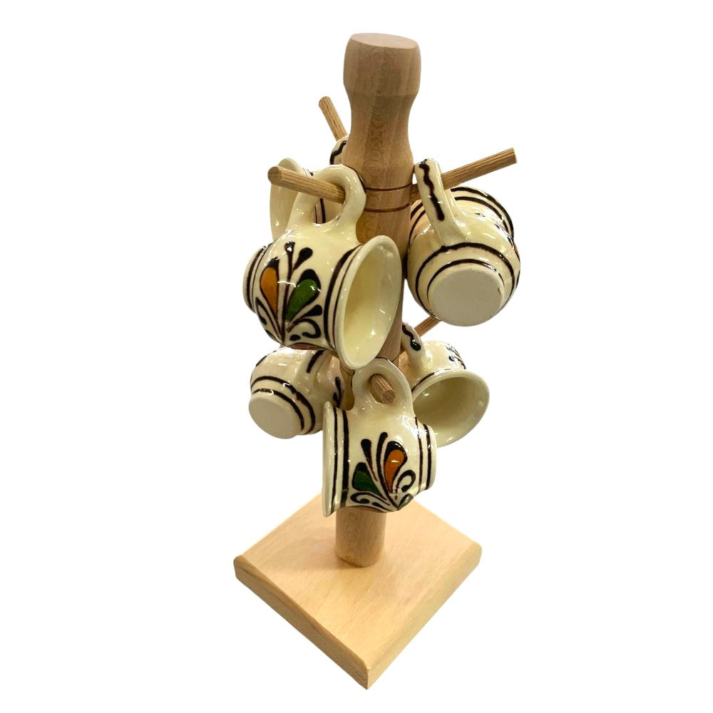 Set 6 Cesti traditionale pictate din ceramica, 50 ml pe suport patrat din lemn