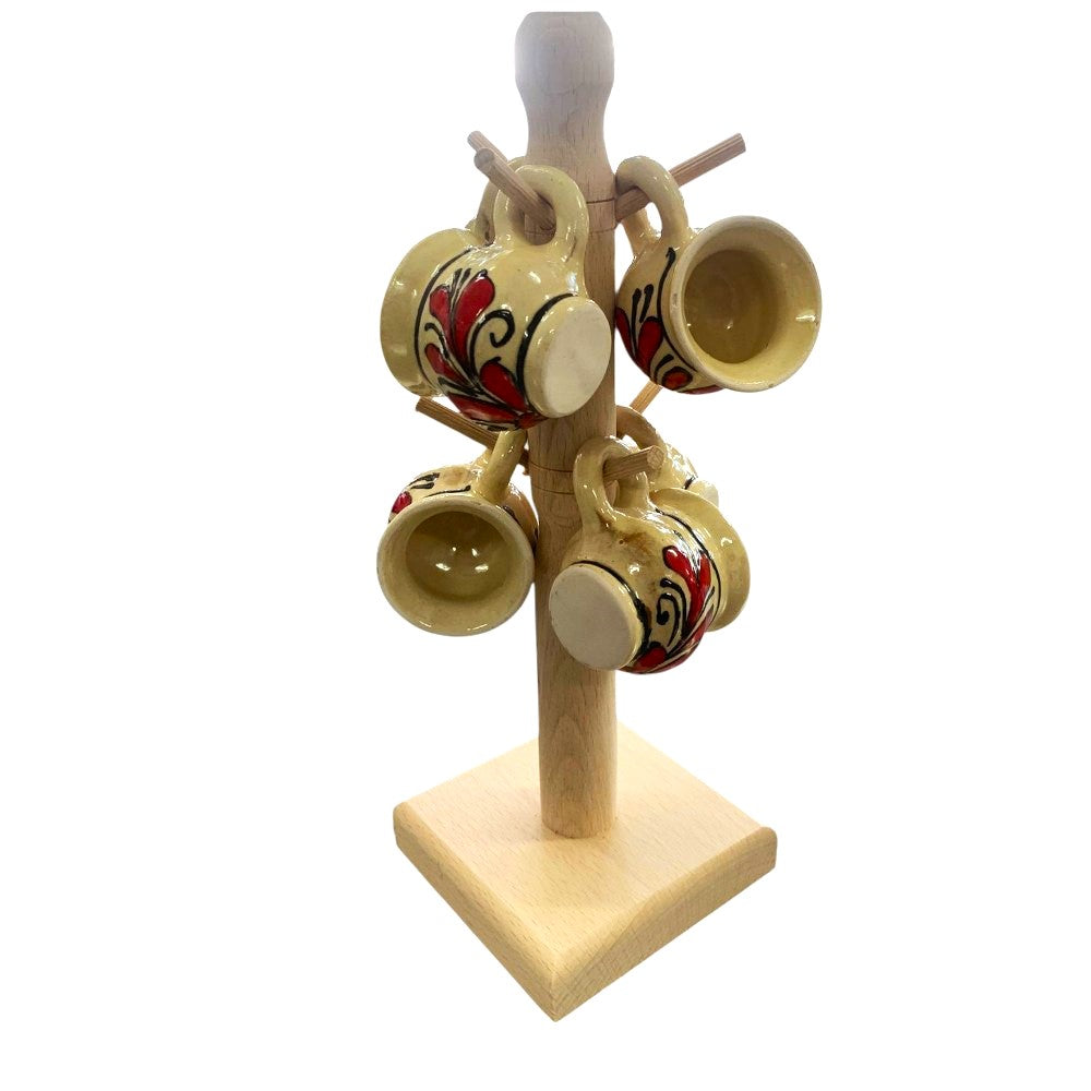 Set 6 Cesti traditionale pictate din ceramica, 50 ml pe suport patrat din lemn