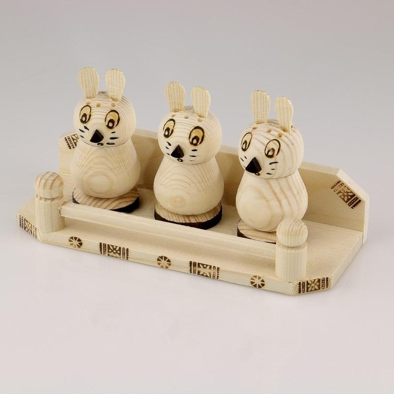 Set 3 solnite Model Bufnita cu suport, Lemn, 17x7 cm