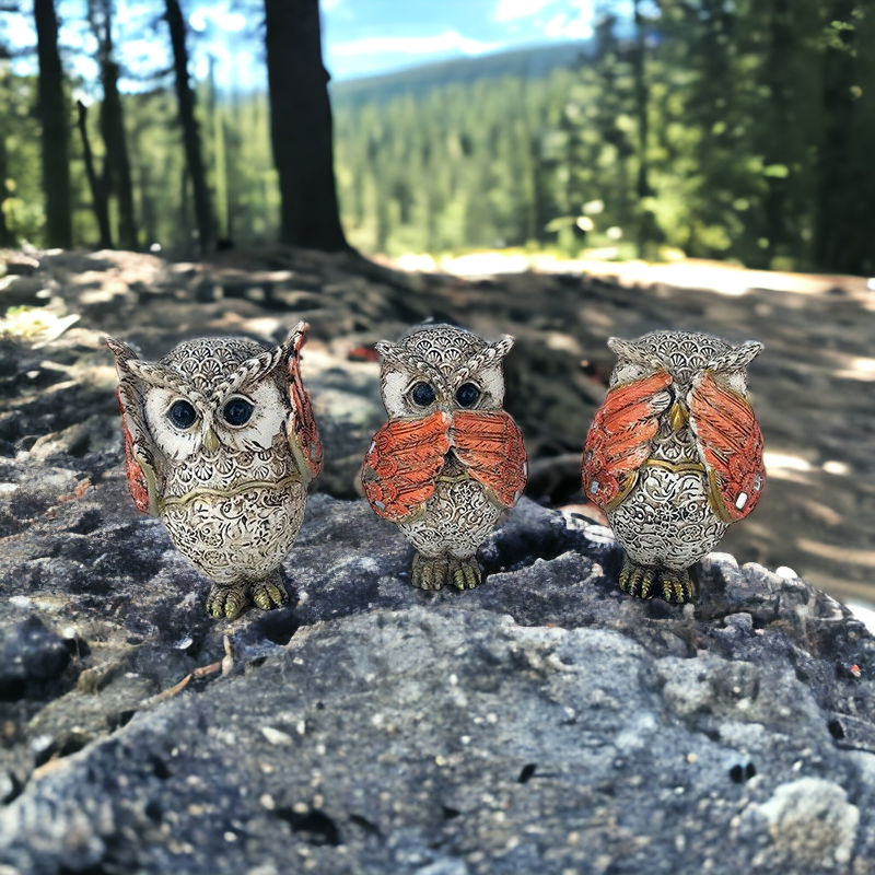 Set 3 Statuete decorative Bufnite, Nu vad, Nu aud, Nu vorbesc, Rasina, 11 cm