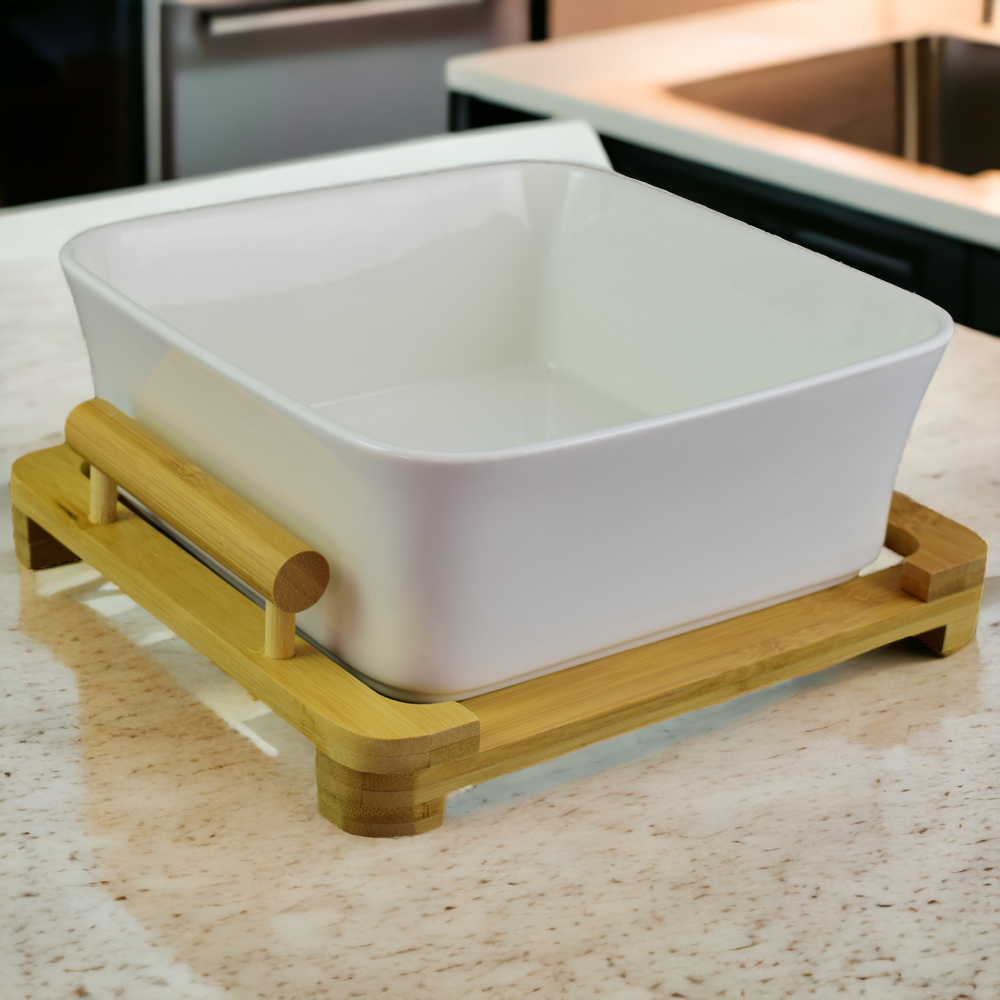 Bol pentru Salata din Portelan pe Suport din Bambus