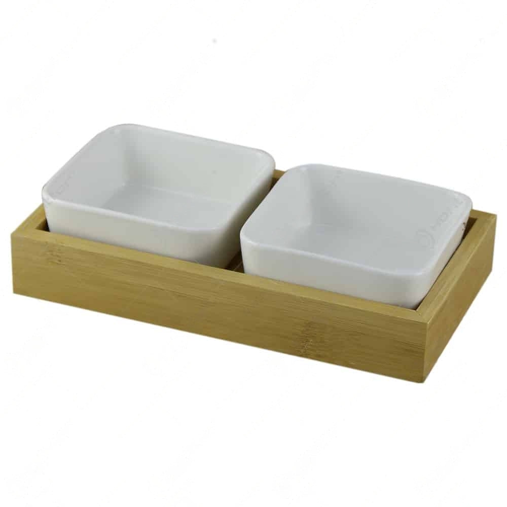 Set 2 boluri din ceramica pe suport bambus, 19x10 cm