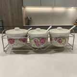 Set 3 Recipiente Condimente, 3 Lingurite Ceramica, Alb, Model Bujori Mari