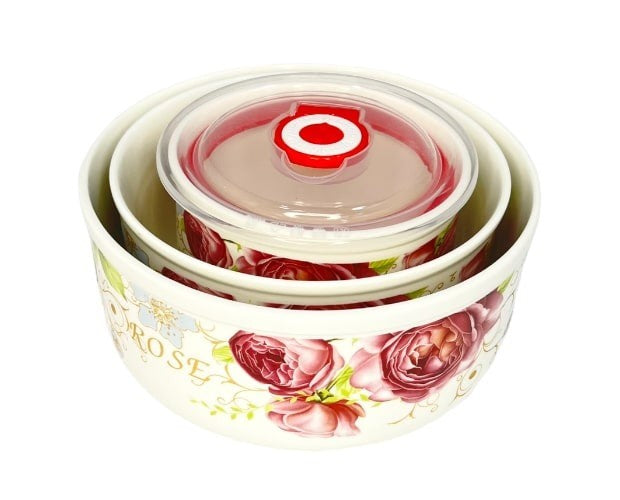 Set  caserole Ceramice cu Capace de Plastic, Model Floral