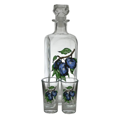 Set sticla 500 ml cu 2 pahare decorate 50 ml , Model Pruna
