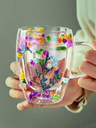 Set 6 Cani cu Pereti Dubli din sticla termorezistenta  , Flori Multicolore 350 ml si 6 Lingurite Aurii