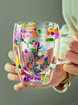 Set 6 Cani cu Pereti Dubli din sticla termorezistenta  , Flori Multicolore 350 ml si 6 Lingurite Aurii