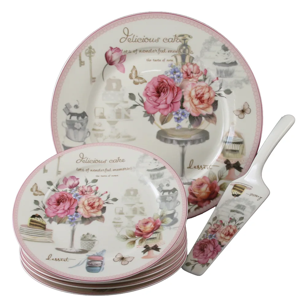Set Tort, 8 piese, Ceramica, Model floral , 27/19 cm