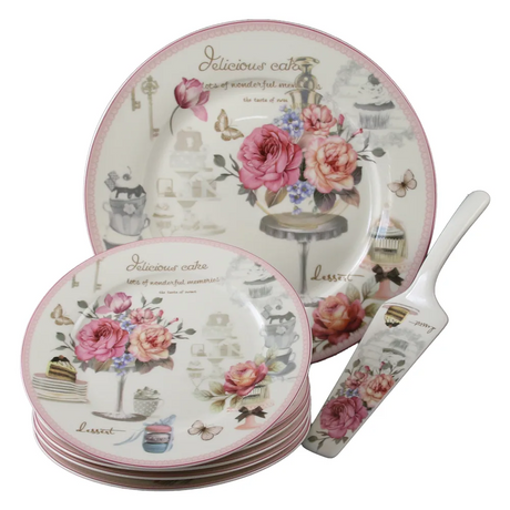 Set Tort, 8 piese, Ceramica, Model floral , 27/19 cm