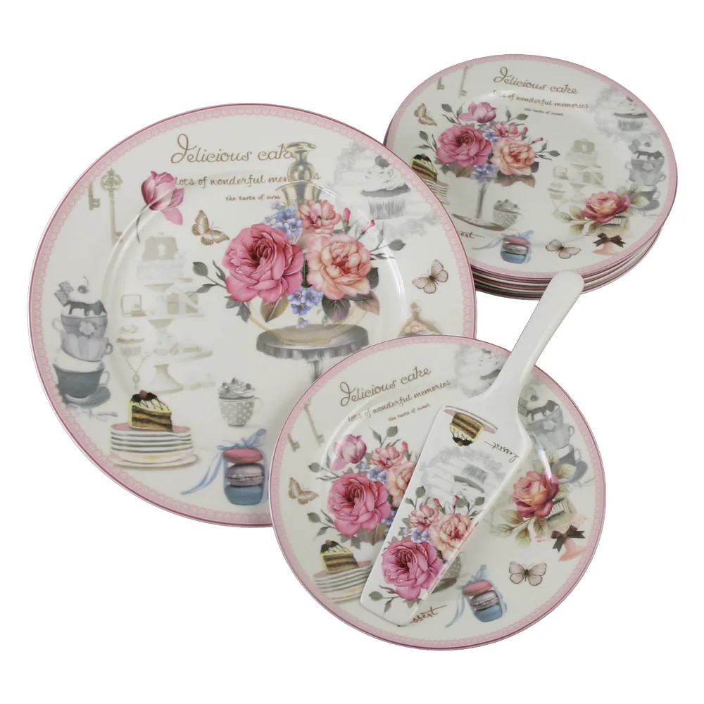 Set Tort, 8 piese, Ceramica, Model floral , 27/19 cm