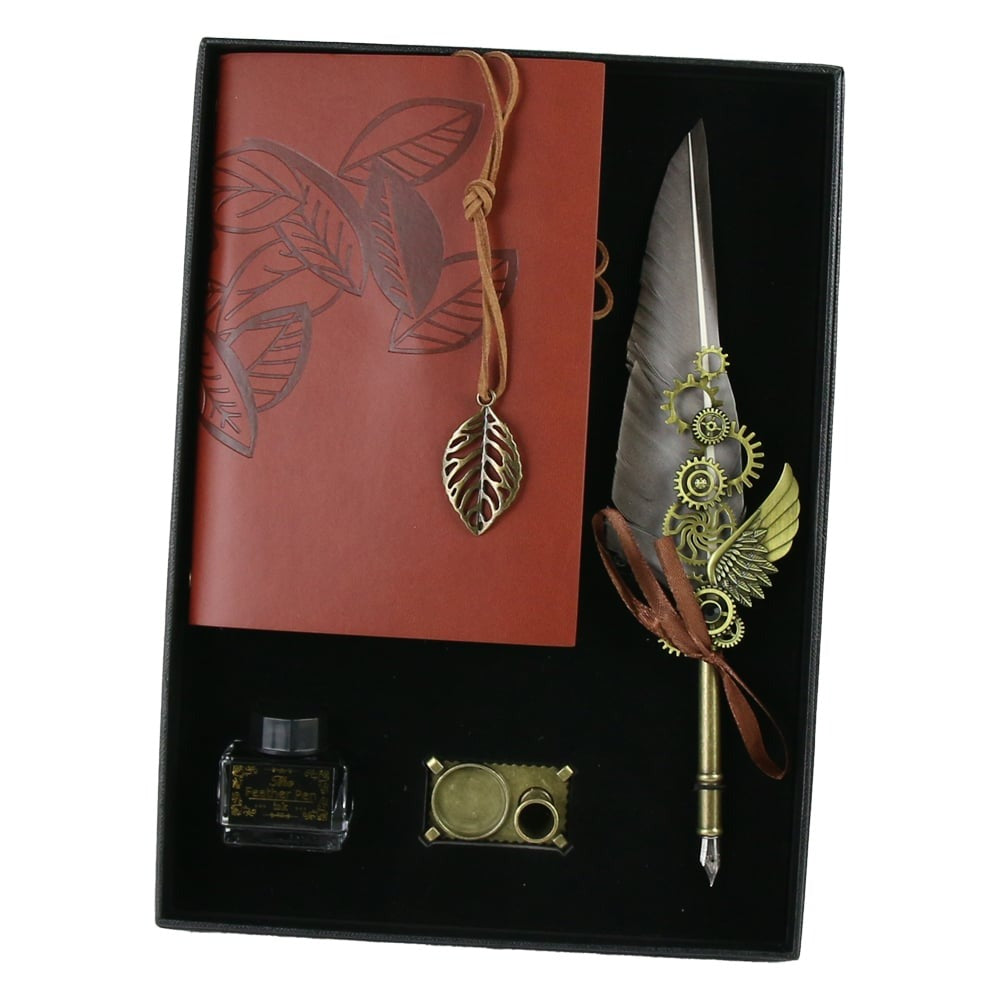 Set Stilou Caligrafie cu Pana si Ornamente Metalice, Agenda, Calimara si Suport de Birou