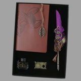 Set Stilou Caligrafie cu Pana si Ornamente Metalice, Agenda, Calimara si Suport de Birou