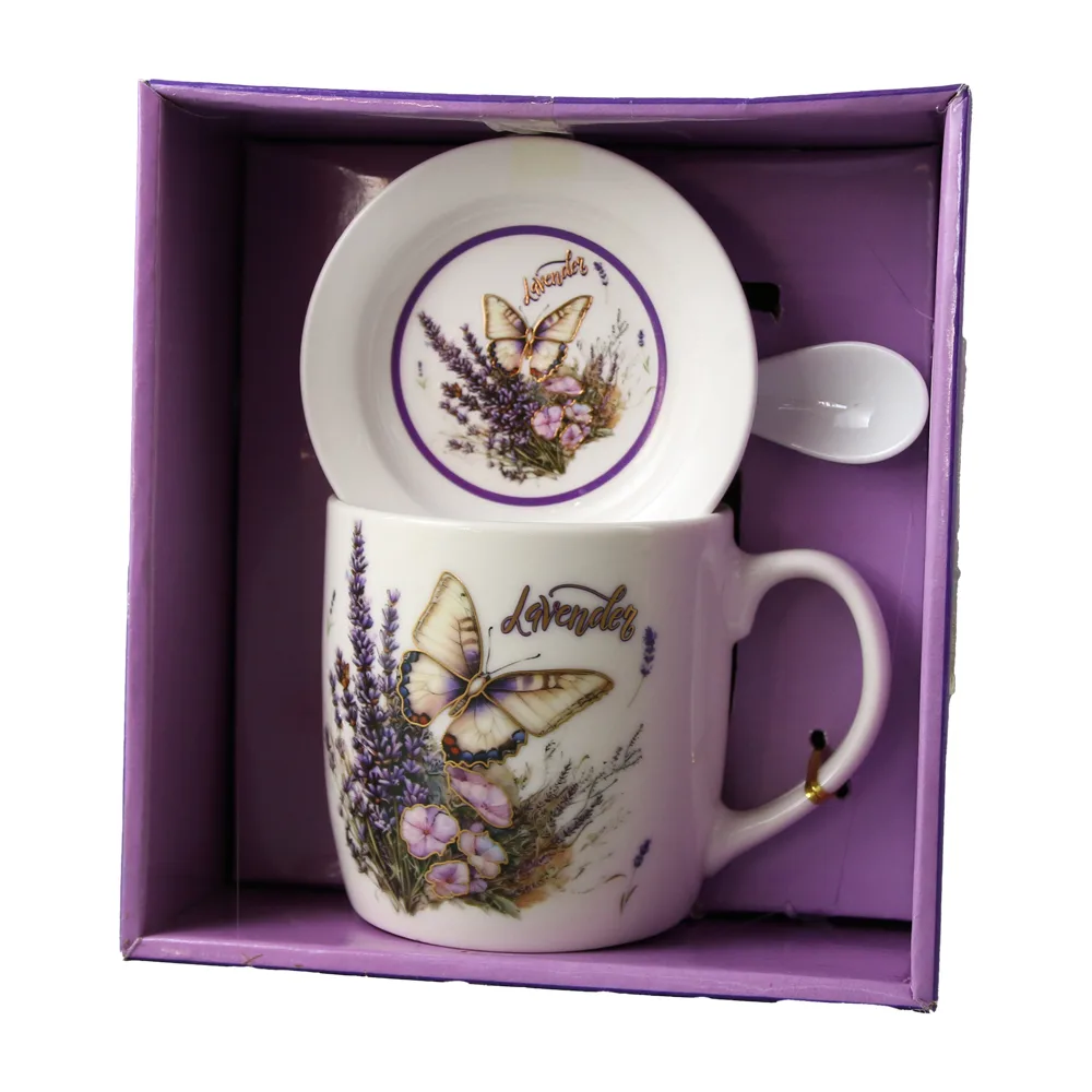 Cana din ceramica cu farfurie si lingurita 300 ml,cutie cadou