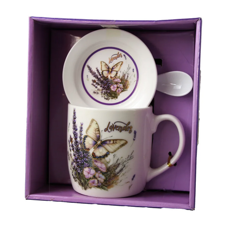 Cana din ceramica cu farfurie si lingurita 300 ml,cutie cadou