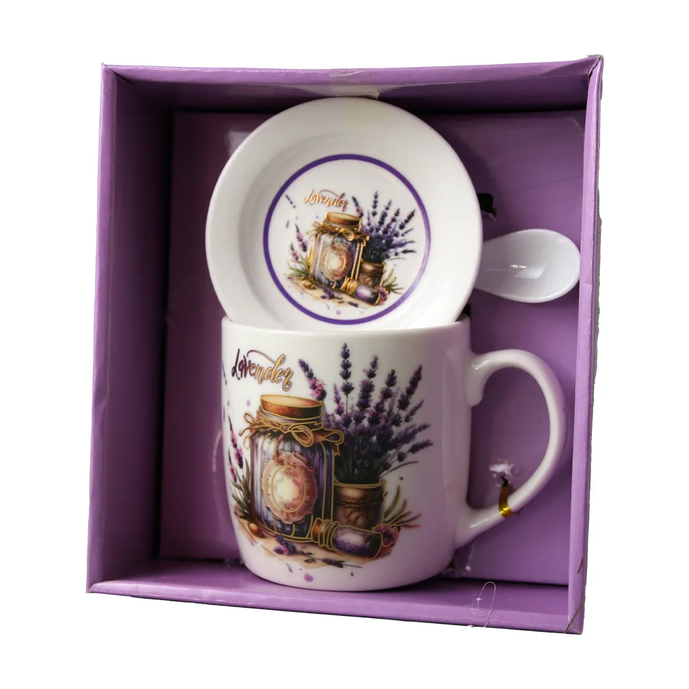 Cana din ceramica cu farfurie si lingurita 300 ml,cutie cadou