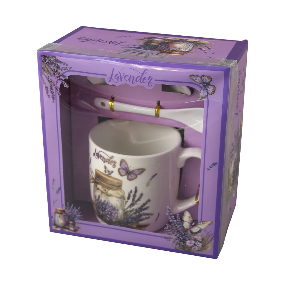 Cana din ceramica cu farfurie si lingurita 300 ml,cutie cadou