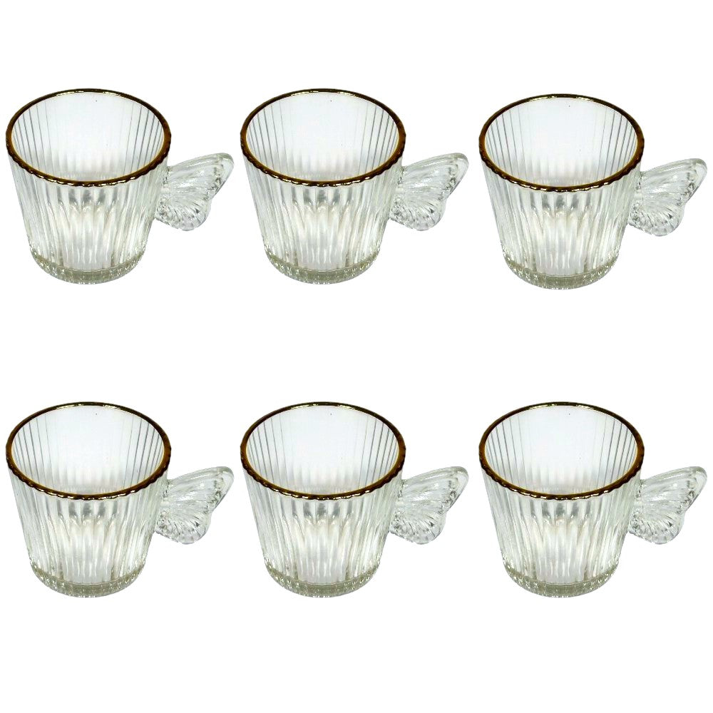 Set 6 cani, din sticla, model in relief, maner in forma de fluture, Transparent, 120 ml