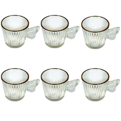 Set 6 cani, din sticla, model in relief, maner in forma de fluture, Transparent, 120 ml