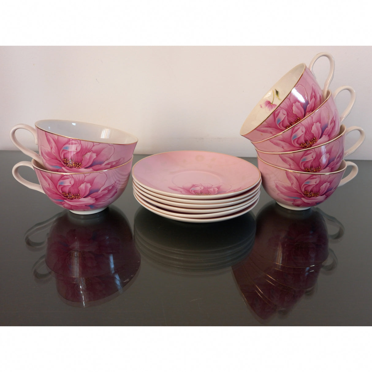 Set 6 cesti Cafea sau Ceai cu farfurioare incluse, Ceramica fina, Model Floare Roz