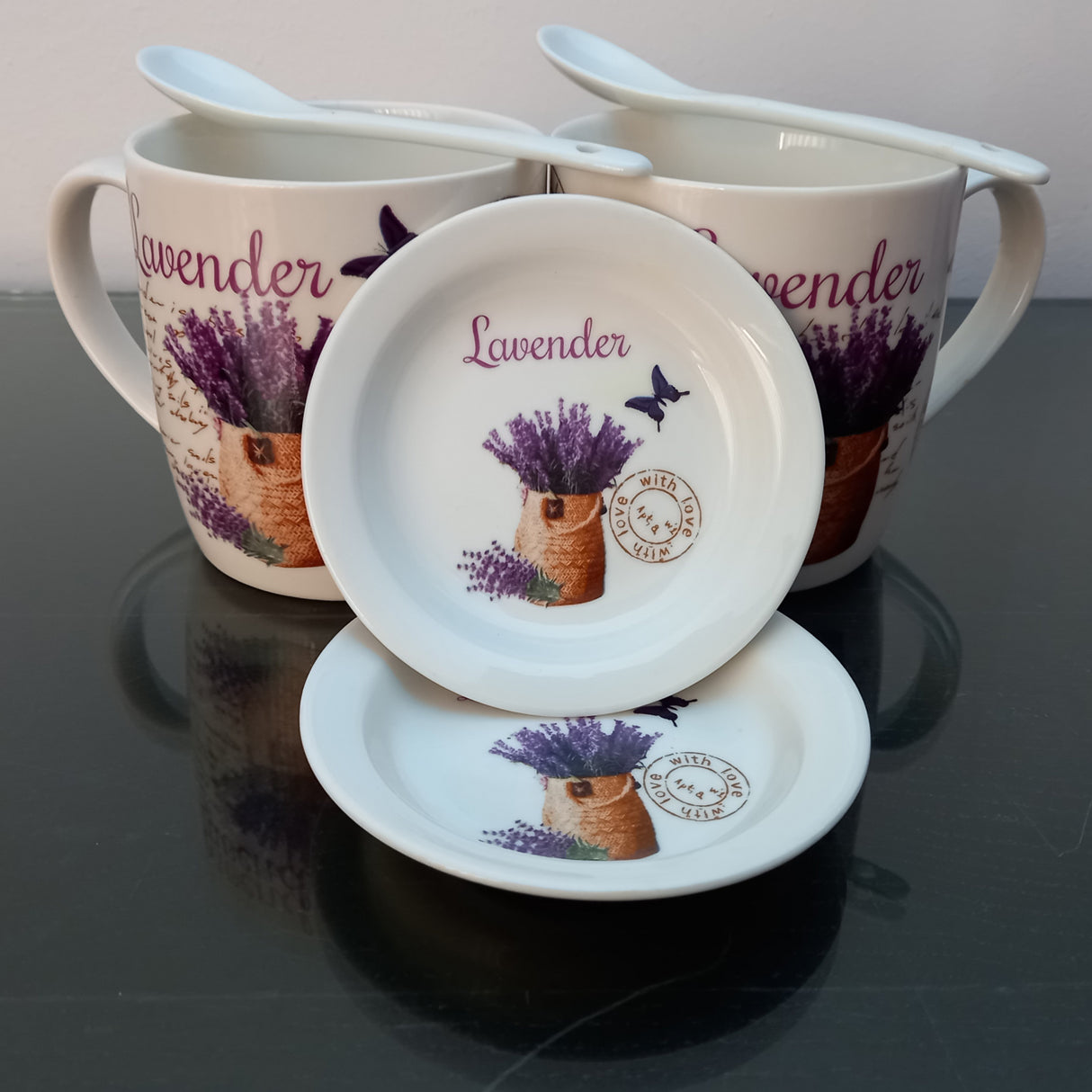 Set 2 Cani cu lingurite si farfurioare, Ceramica, 240 ml, Model Lavanda