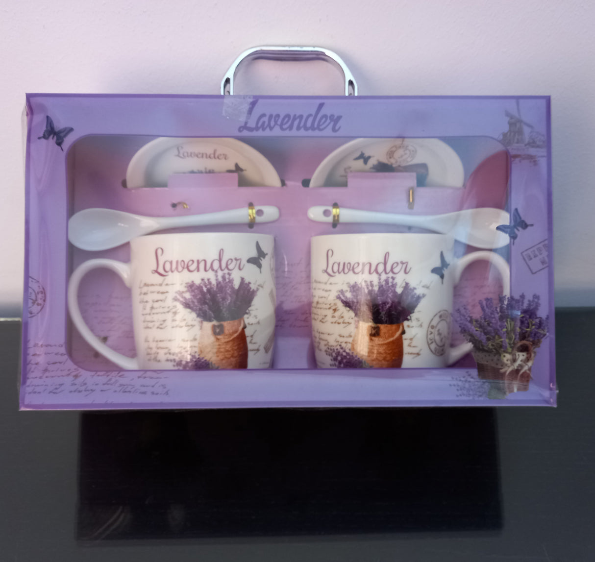 Set 2 Cani cu lingurite si farfurioare, Ceramica, 240 ml, Model Lavanda