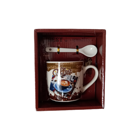 Set cana cu lingurita, Ceramica, Coffe, Maro, 100 ml