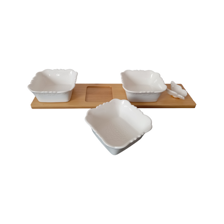 Set 3 sosiere 10x10x4 cm Ceramica pe suport 38x9 cm Bambus, Albe