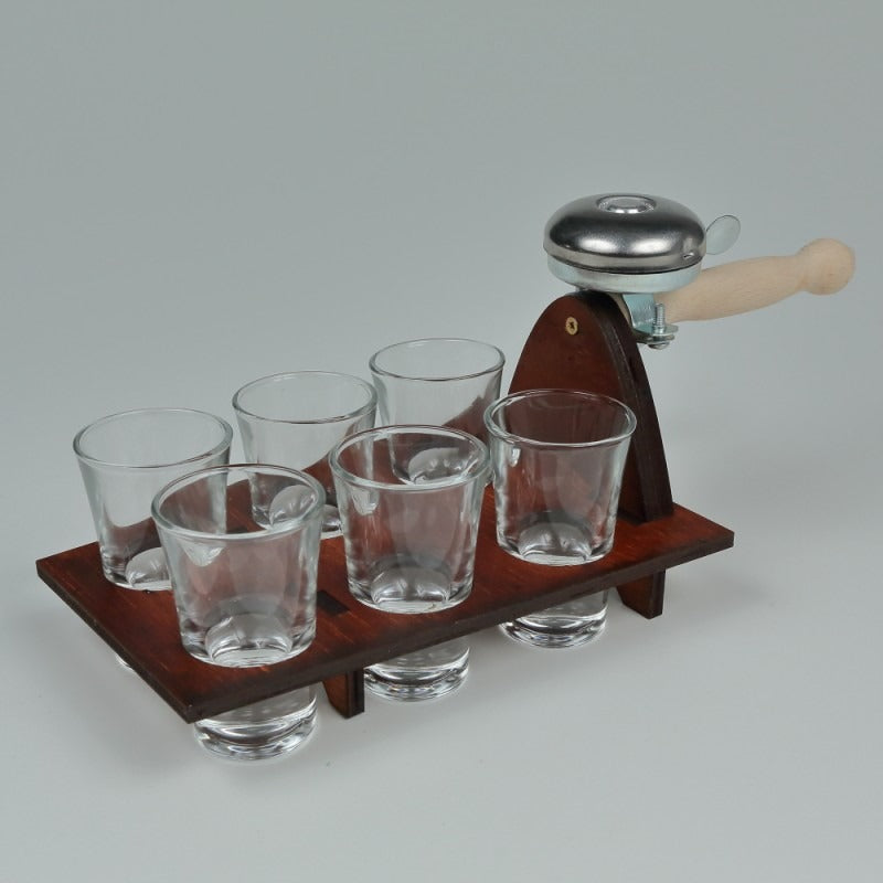 Set Suport din lemn cu Claxon si 6 pahare de shot tuica,30 ml