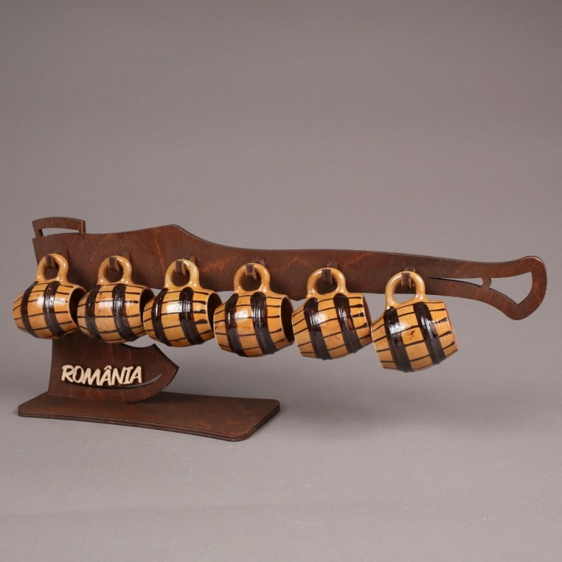 Set 6 cescute cu suport din lemn Topor, Maro cu Negru, 38 cm