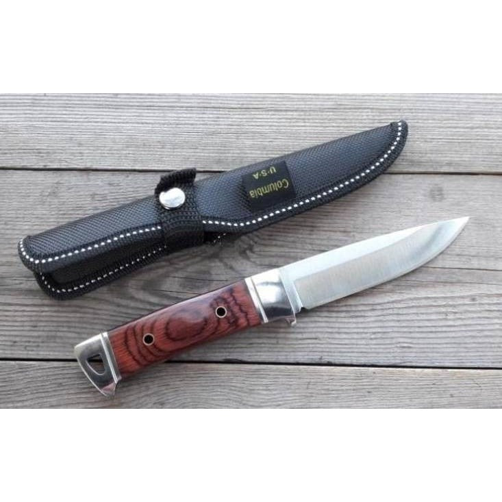 Cutit din Otel Inoxidabil , Maner din Lemn de Trandafir Rosu, cu Teaca Portabila, 19 cm, Lama 9.5 cm