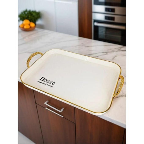 Tava servire  dreptunghiulara, decorativa eleganta, 31x20, Alb - Auriu