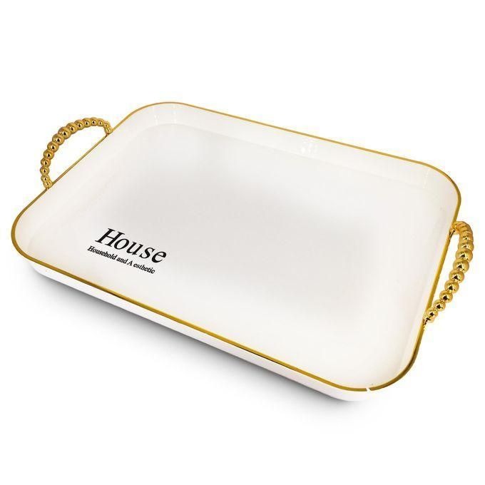 Tava servire  dreptunghiulara, decorativa eleganta, 31x20, Alb - Auriu