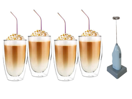 Set 4 Pahare Frappe , Sticla Termorezistenta, 450 ml ST3 + Paie Metalice Multicolore