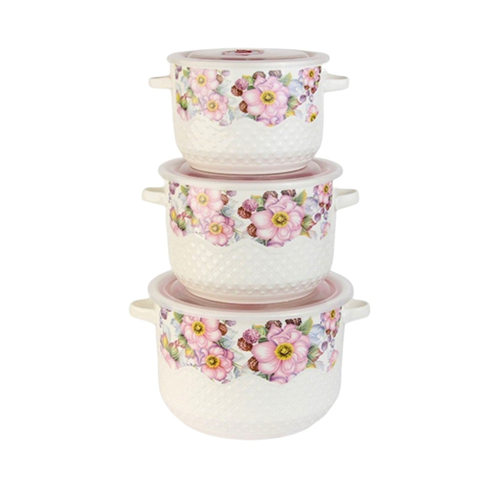 Set  caserole Ceramice cu Capace de Plastic, Model Floral