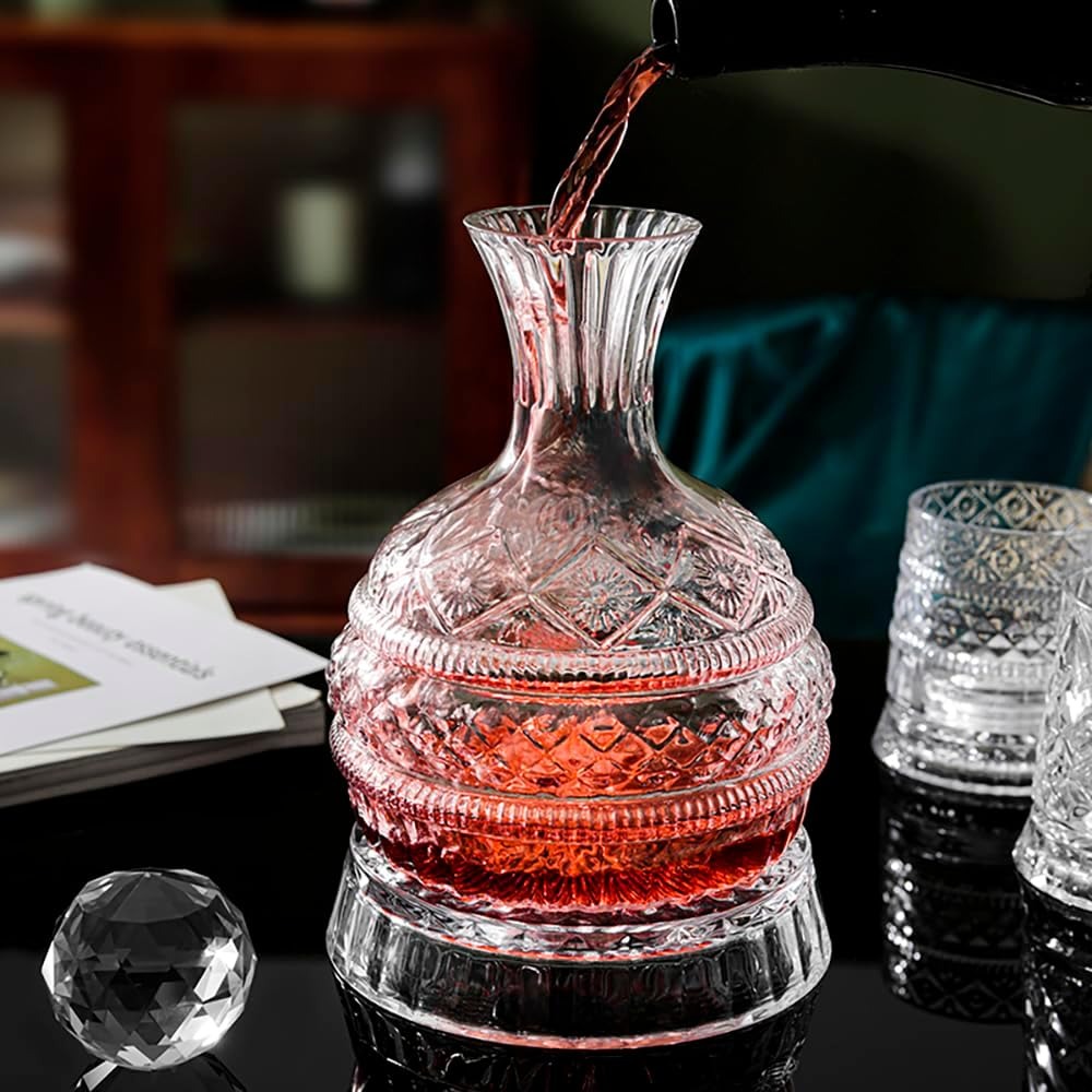 Decantor Elegant de Vin din Cristal, Realizat manual - Dozator de Vin rotativ, 1500 ml
