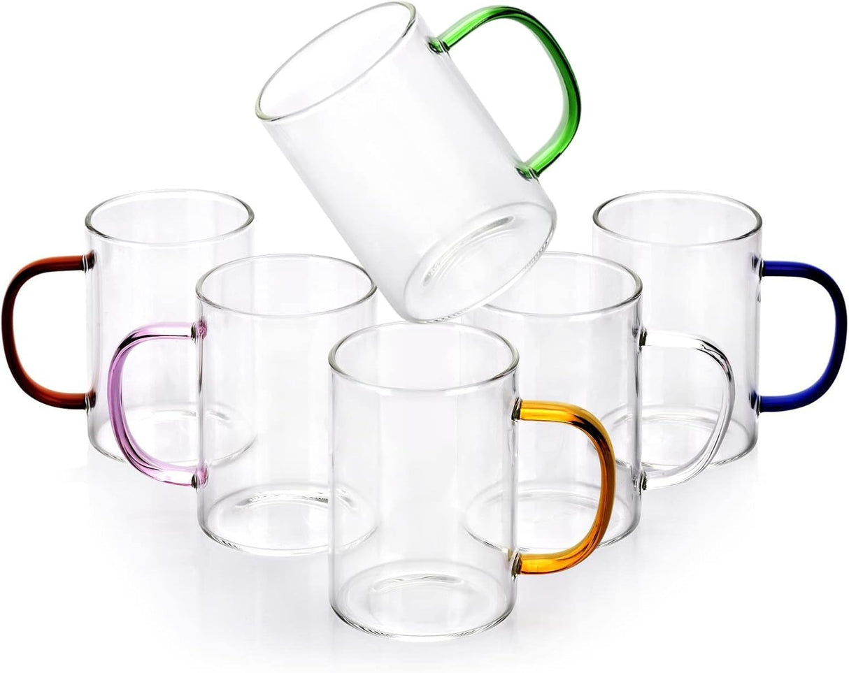 Set 6 cani din sticla brosilicata , maner color, 320 ml