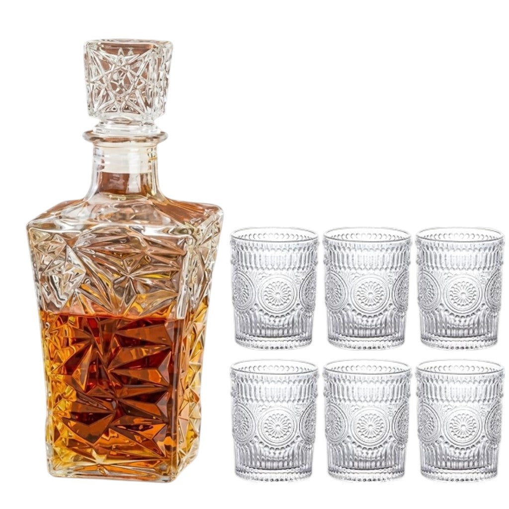 Set Decantor 1L + 6 pahare whiskey , sticla