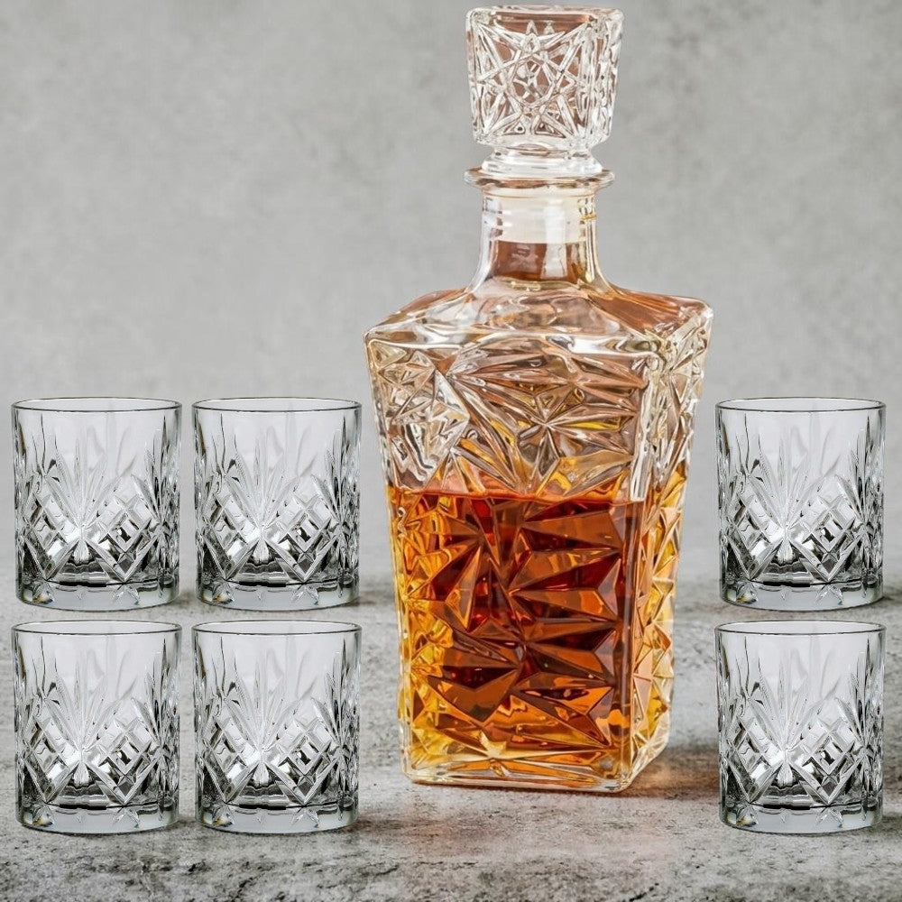 Set Decantor 1L + 6 pahare whiskey , sticla