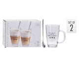 Set 4 piese LATTE MACCHIATO, 2 Cani si 2 Lingurite, Sticla, 300 ml, transparent