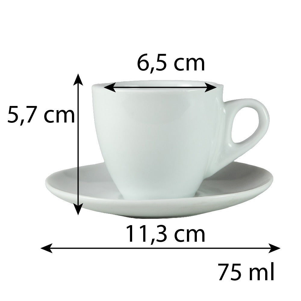 Set 6 cesti espresso cu farfurie, 75 ml, Portelan, Alb Lucios