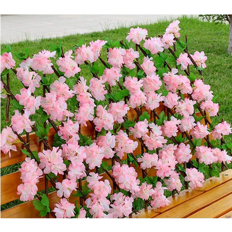 Gard extensibil din Lemn cu Frunze si Flori, Roz, 240x60 cm