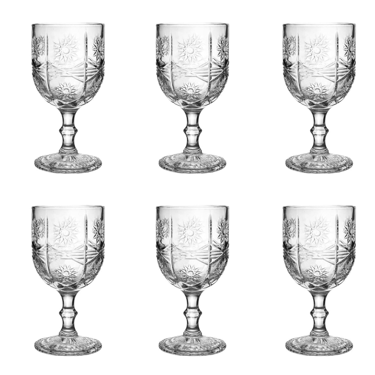 Set 6 pahare din sticla transparenta, cu model, cu picior, 300 ml