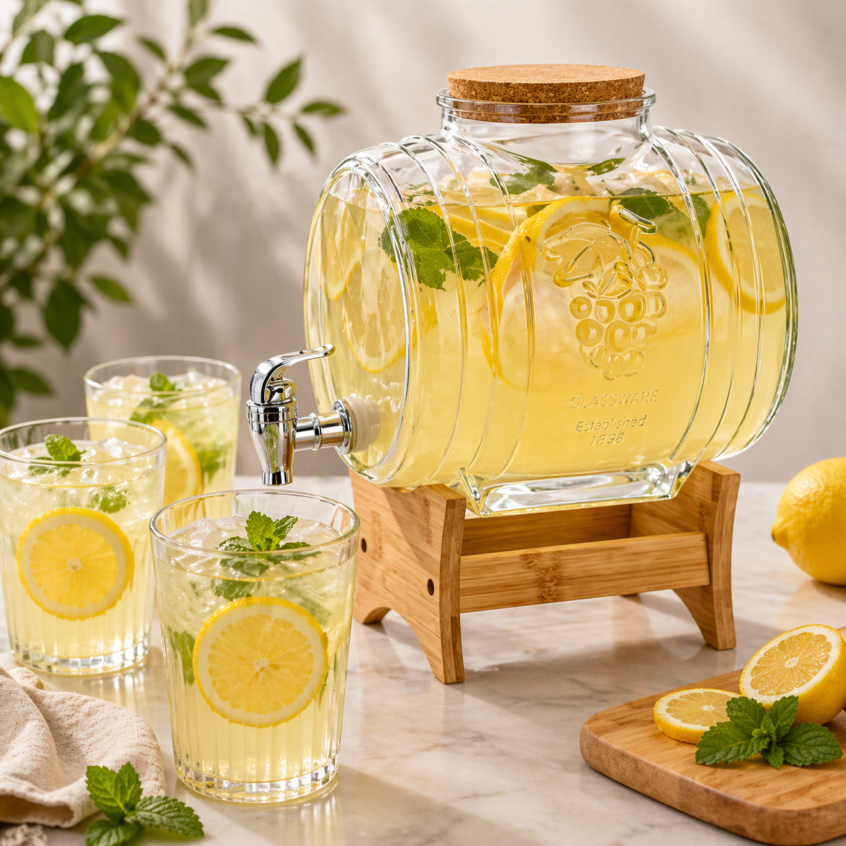 Borcan cu Robinet si Suport pentru  Limonada , Sticla+Bambus