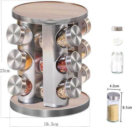 Set suport condimente rotativ si 12 recipiente, Gri/Maro , 23x19.5 cm