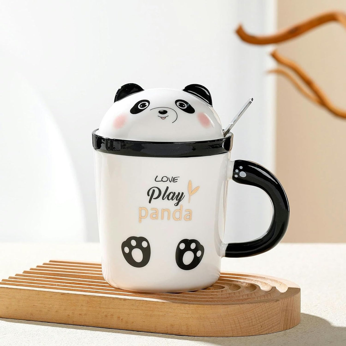 Cana ceramica cu Lingurita si Capac, Model Panda , 400 ml