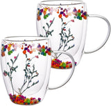 Set 6 Cani cu Pereti Dubli din sticla termorezistenta  , Flori Multicolore 350 ml si 6 Lingurite Aurii