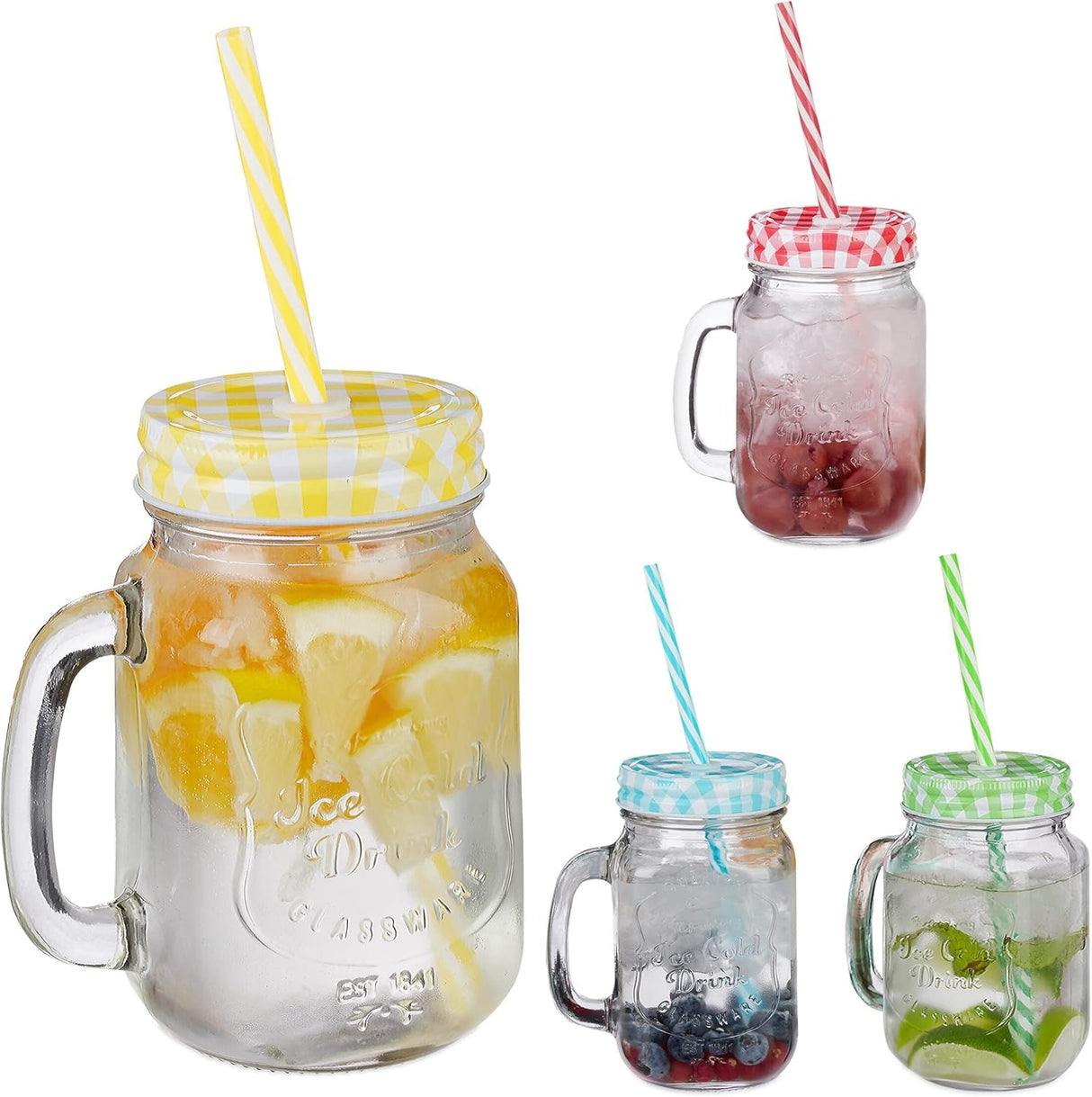 Pahar cu maner si pai pentru limonada tip borcan,sticla,450 ml